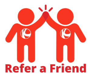 Two stick men high fiving, text reads: 'Refer a friend'